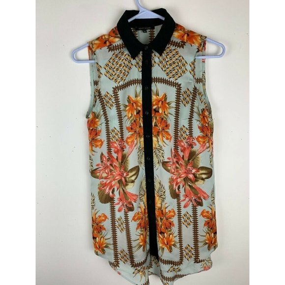 River Island Size 8 Womens Top Sleeveless Floral Print Tunic Button Front - Picture 1 of 5